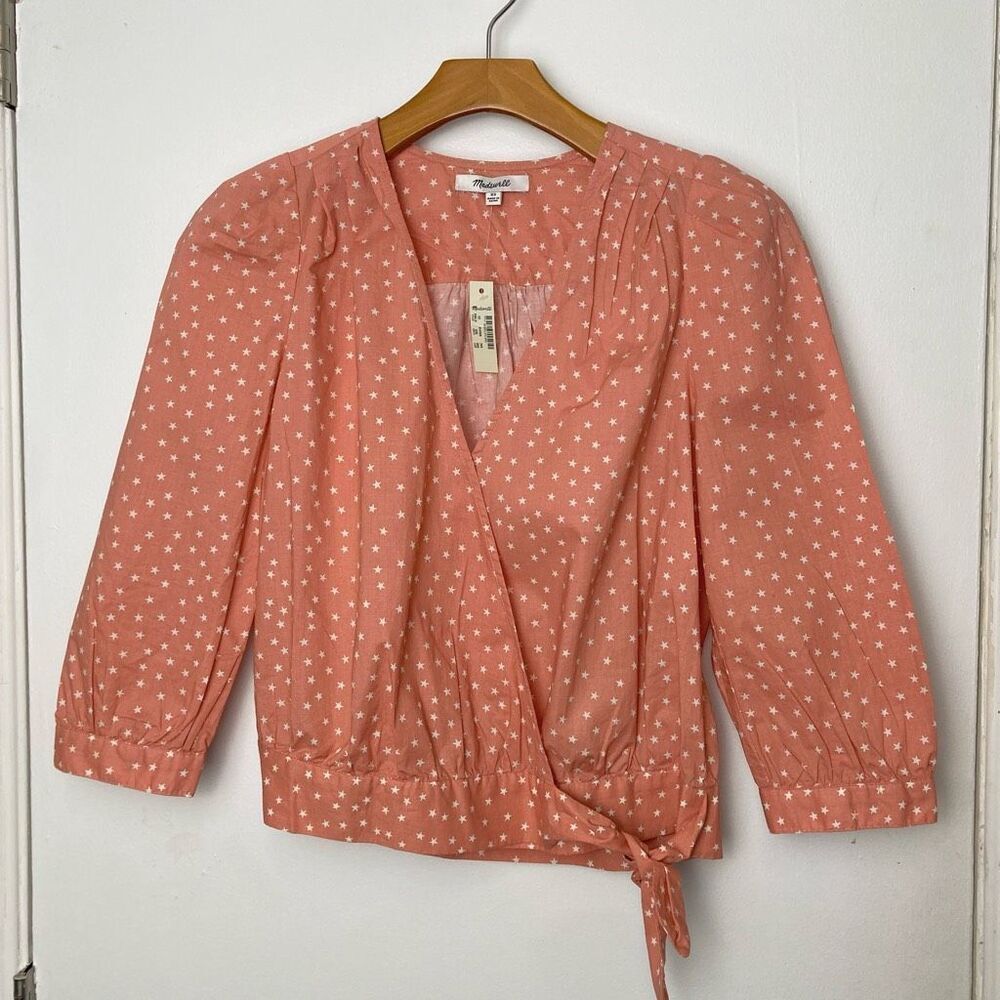 Madewell Star‎ Scatter Wrap Top Peach Blush 100% Cotton 3/4 Sleeve Tie Waist XS